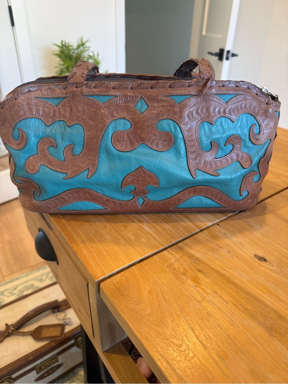 Brown & Teal Western-Style Leather Shoulder Bag